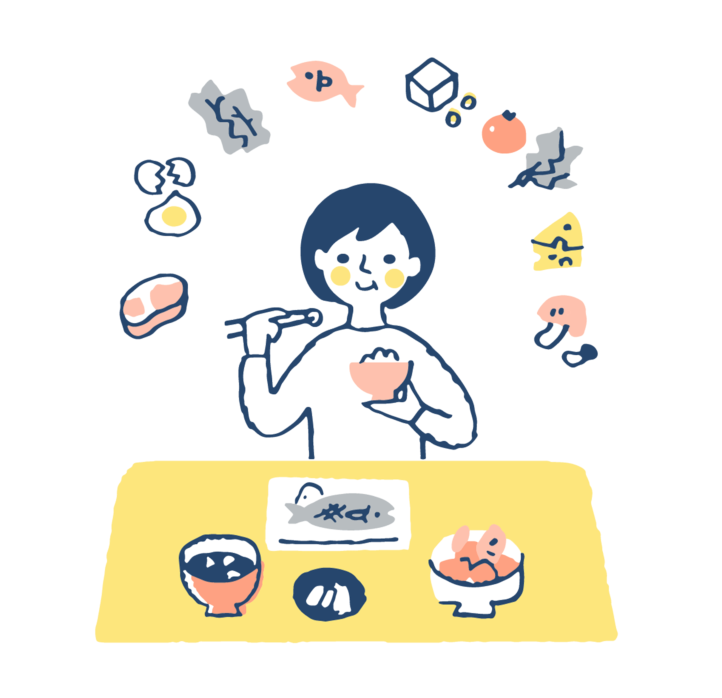 食卓で食事をしている様子のイラスト