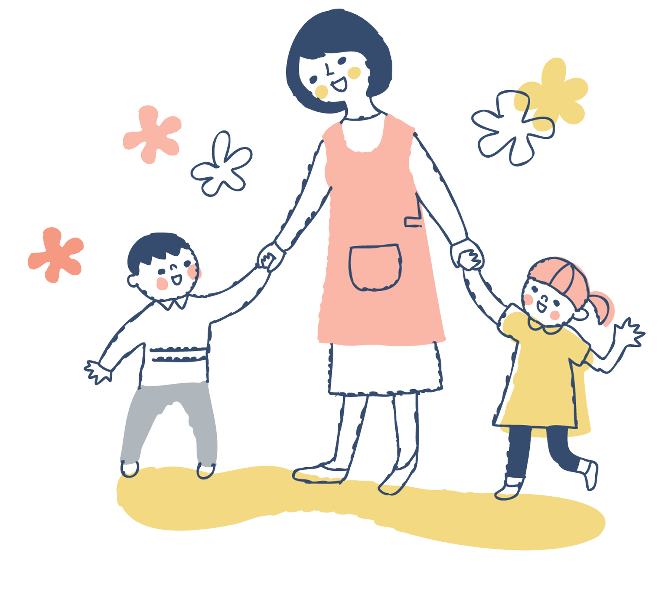 大人が子どもたちと手をつないで歩いている様子