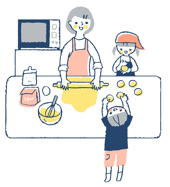 大人と子供たちが一緒に料理しているイラスト
